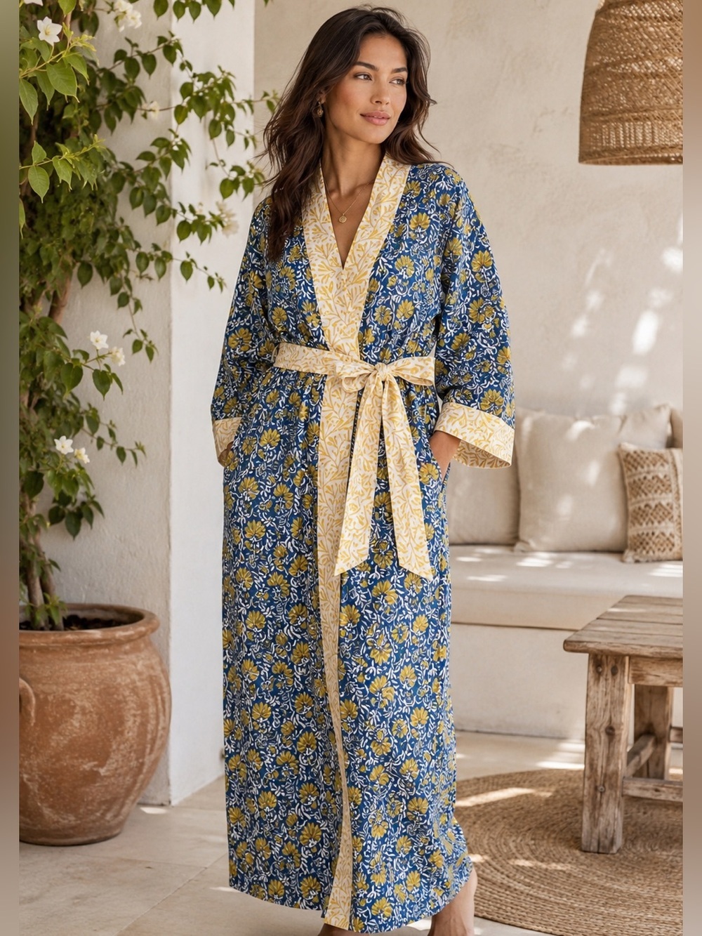 NWT Lime Tree Design Full Length Cotton Kimono Jaipur Blue & Yellow - Picture 1 of 11